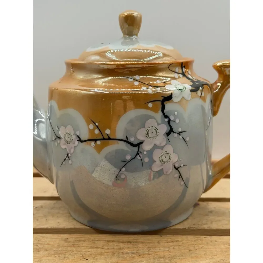 Vintage Hand-Painted Lustreware Teapot with Floral Design and Iridescent Finish